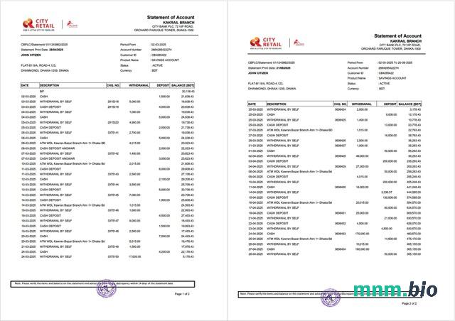 Bangladesz city wyciąg bankowy Word i szablon PDF, 2 strony